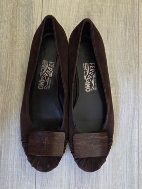 Salvatore Ferragamo Dark Brown Suede Loafers with Wood-Accent Toe